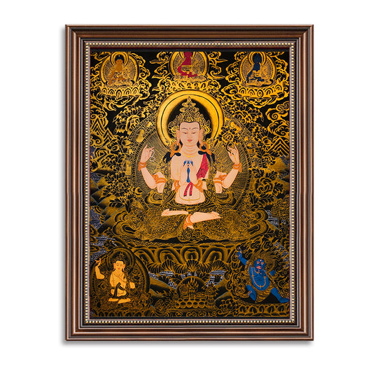 Hand-Painted Tibetan Thangka of Black Gold Four-Armed Avalokiteshvara