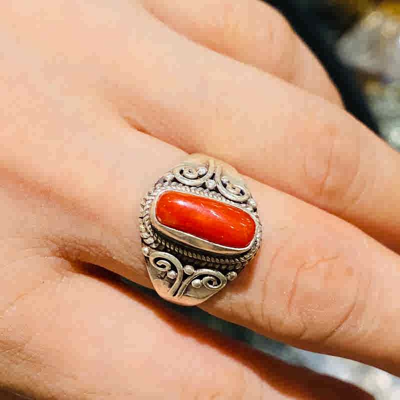 Tibetan Handmade Turquoise, Coral, Beeswax, Dzi ring (adjustable)