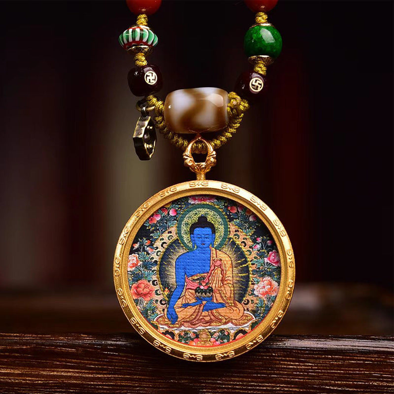 Tibetan Medicine Buddha Thangka Necklace: Hand-Painted Gold-Plated Masterpiece