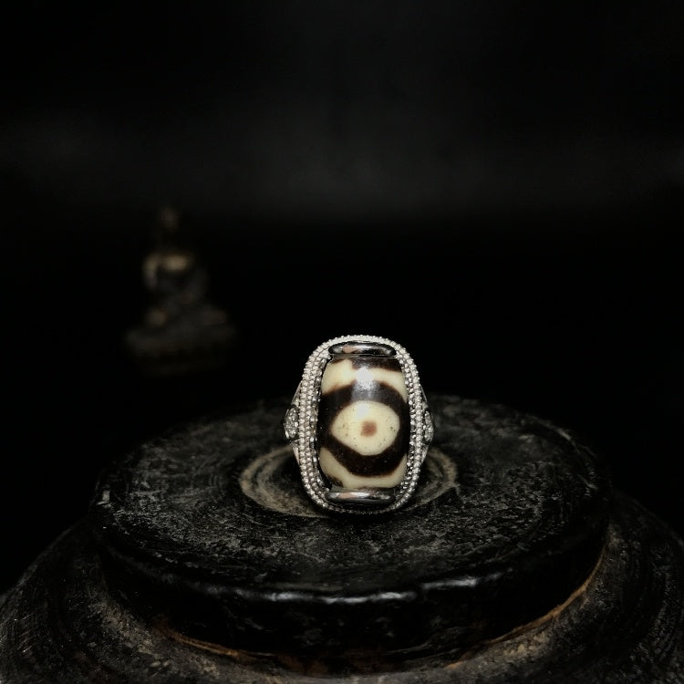 Tibetan Three-Eyed Dzi Bead Silver Ring