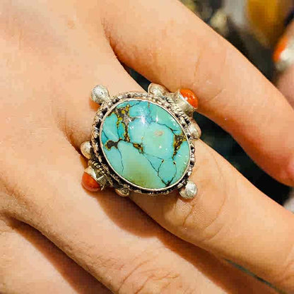 Tibetan Handmade Turquoise, Coral, Beeswax, Dzi ring (adjustable)