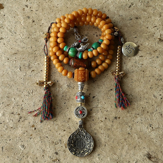 Tibetan 108 Mala Bracelet(Necklace): Aged Bodhi Seed with Authentic Ritual Charms