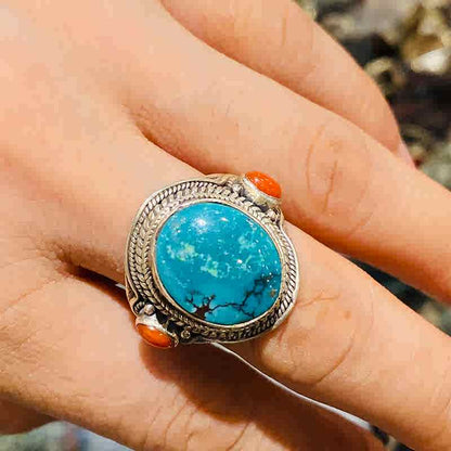 Tibetan Handmade Turquoise, Coral, Beeswax, Dzi ring (adjustable)