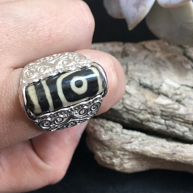 Tibetan Double-Eyed Dzi 925 Sterling Silver Ring (adjustable)