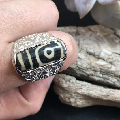 Tibetan Double-Eyed Dzi 925 Sterling Silver Ring (adjustable)