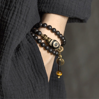 Tibetan Black Sandawood & Dzi  Bracelet